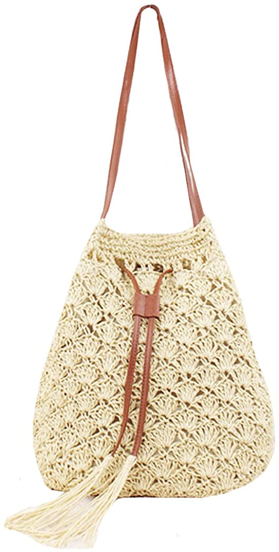 Price:$18.20    CLARA Women Summer Beach Bag Straw Weave Bucket Bag Drawstring Shoulder Bag Tote Bag Handbag Purse(Beige)  Clothing