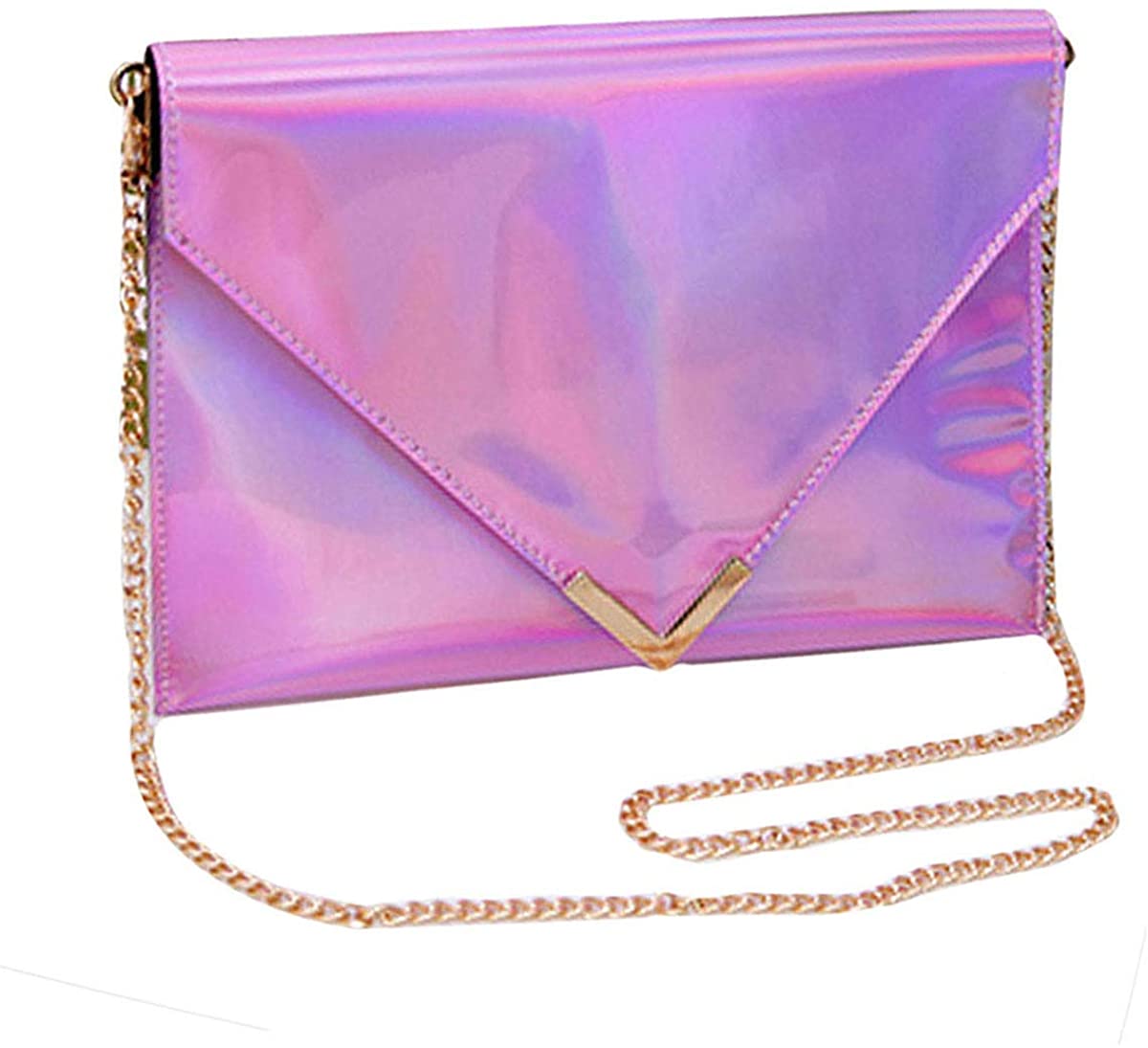 Price:$14.99    Buddy Women Fashion Holographic Envelope Clutch Handbag Chain Crossbody Shoulder Bag Tote Purse (Pink)  Clothing
