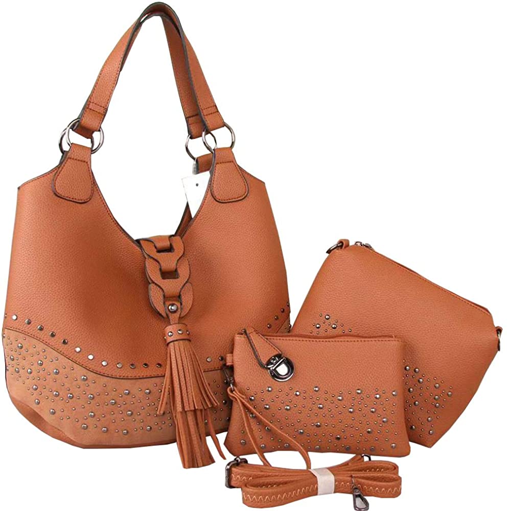 Price:$29.99    Women's Hobo Handbags Studded Hobo Shoulder bag tote bags with tassel 3 purse set  Clothing