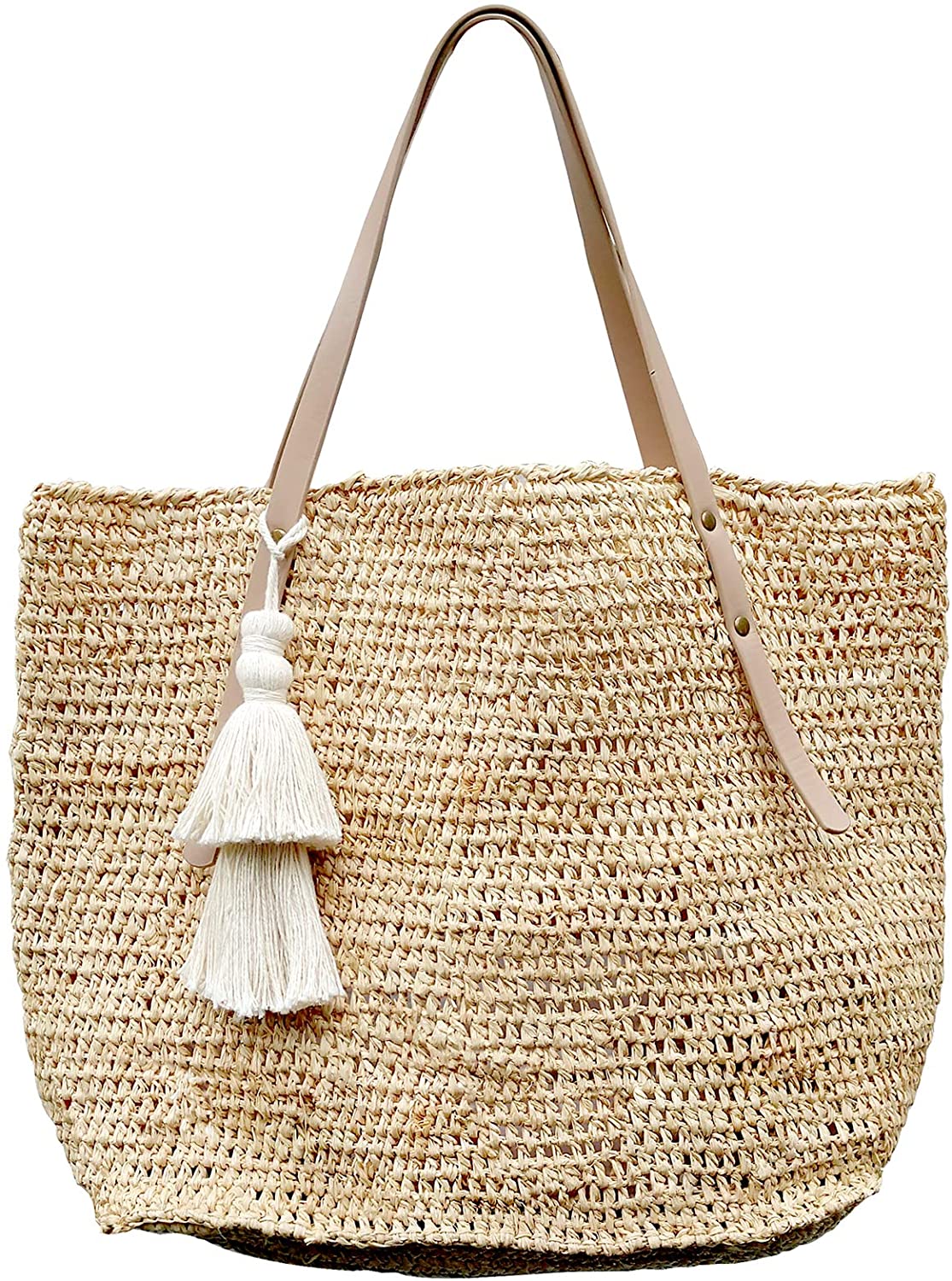 Price:$49.00 Straw Beach Bag Tote Leather Handles Shoulder Bag Women's (Natural/Natural)  Handbags   