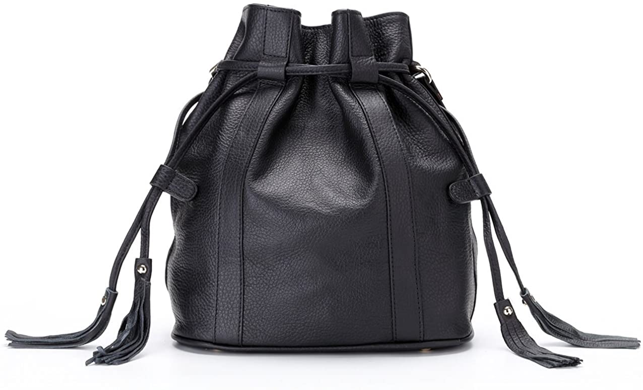Price:$79.00 La Poet Women's Genuine Leather Drawstring Shoulder Bucket Bag Purse Handbag (Black)  Handbags   