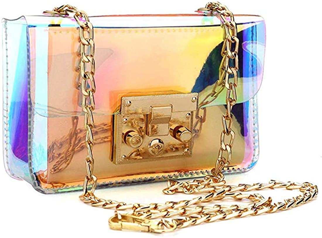 Price:$19.99 Holographic Clear Purse Crossover Shoulder Messenger Bag Laser Sling Purse with Golden Chain (Medium)  Handbags   