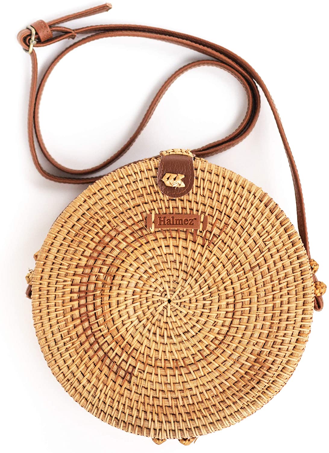 Price:$49.99 Halmez PREMIUM Rattan Bag for Women Round Handwoven Straw Bag Leather Crossbody Shoulder Strap Handbag Dream Fashion, Brown  Handbags   