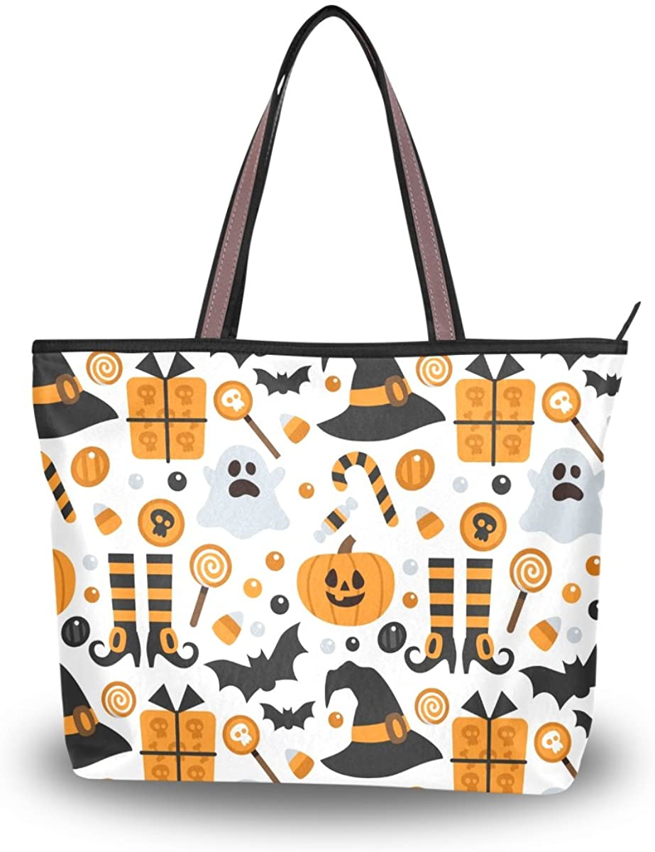 Price:$22.49    JSTEL Women Large Tote Top Handle Shoulder Bags Halloween Pumpkin Ghost Bat Candy Patern Ladies Handbag  Clothing