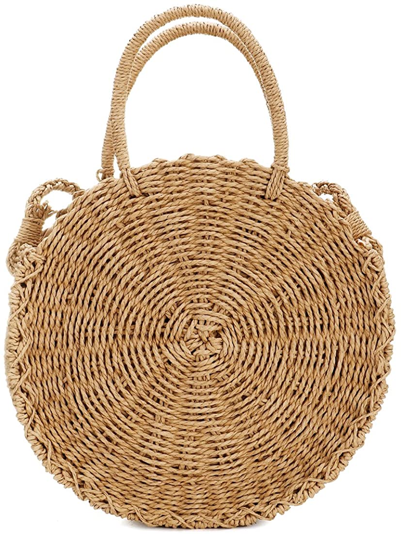 Price:$18.99 Straw Crossbody Bag, Women Beach Shoulder Summer Top Handle Crossbody Round Purse Ladies Woven Fashion Crochet, Coffee Color, One Size  Handbags   