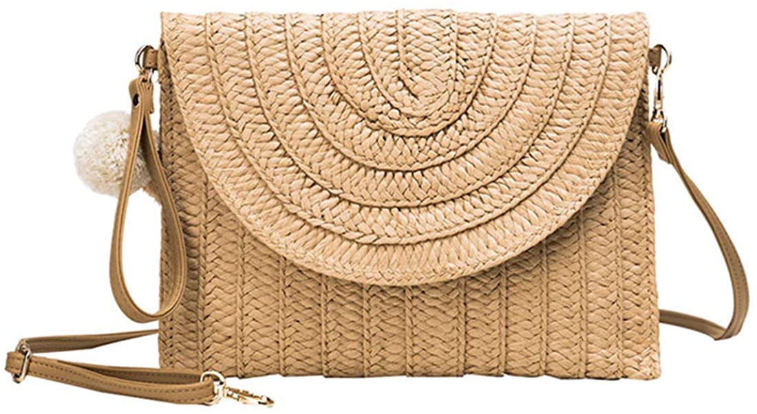 Price:$18.99 Straw Shoulder Bag Women Straw Clutch Summer Beach Crossbody Bag Handmade Woven Purse Handbag Holiday Gifts, Khaki, 7.9x10.6inch  Handbags   