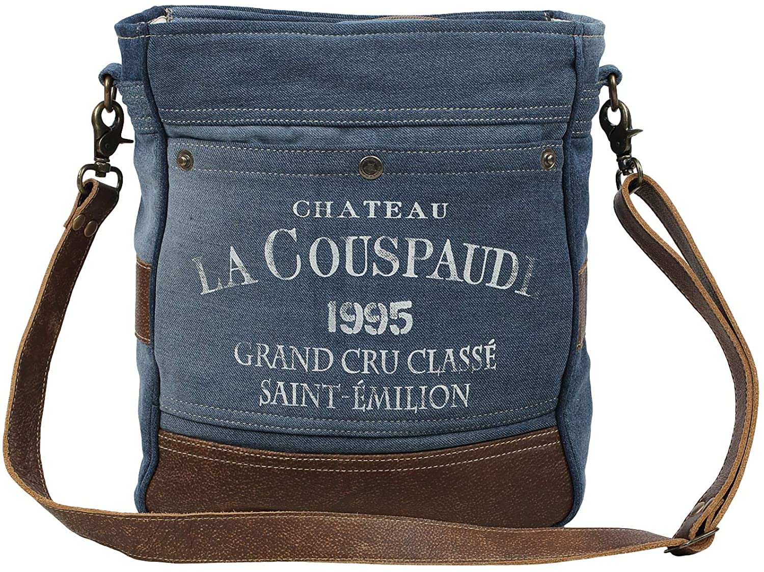 Price:$47.99    Myra Bag 1995 Vintage Denim Upcycled Cotton Canvas & Leather Shoulder Bag S-1570  Clothing