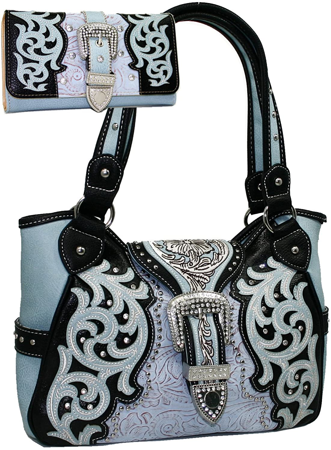 Price:$49.99 Western Studded Rhinestone Purse Handbag Wallet Set - Light/Blue  Handbags   