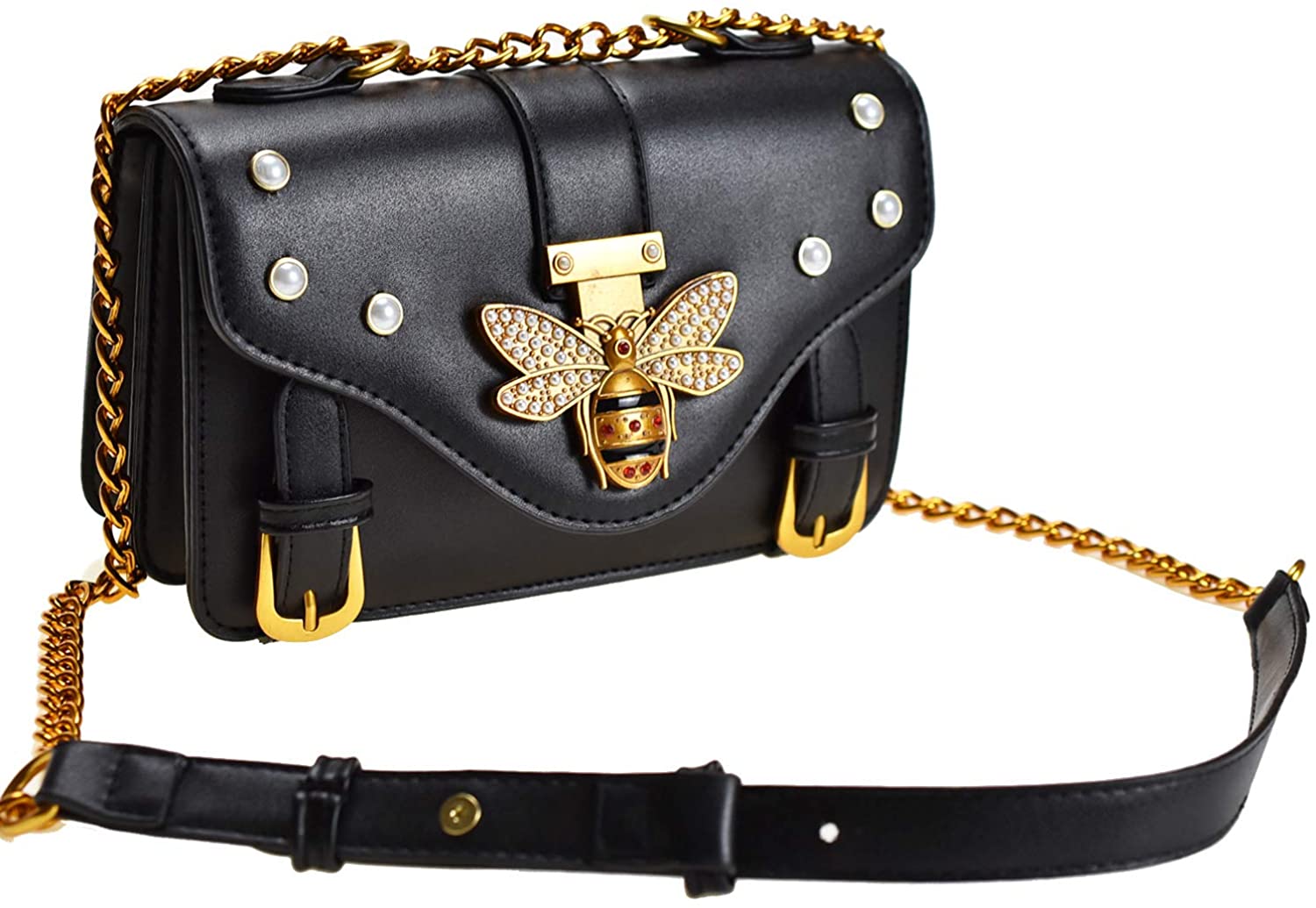 Price:$25.99 Crossbody Purses for Women Designer Shoulder bags with Chain Bee Fashion Bag PU Leather Side Purse for Girls (Black crossbody purse)  Handbags   