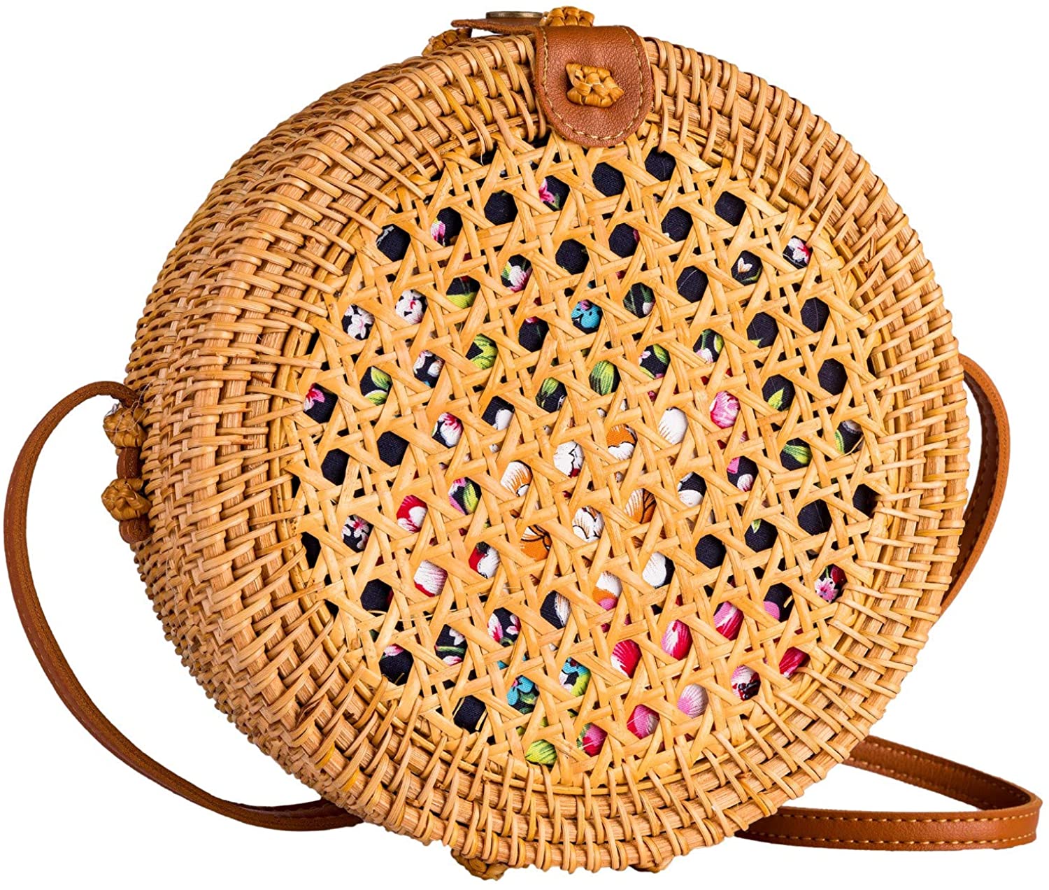 Price:$19.99 Boho Straw Bag Circle Crossbody Purse Rattan Hand Woven For Women Necessities Shoulder Bags Wicker Purses In Summer Beach Vacation With Flower Pattern - Halcyon Bags  Handbags   