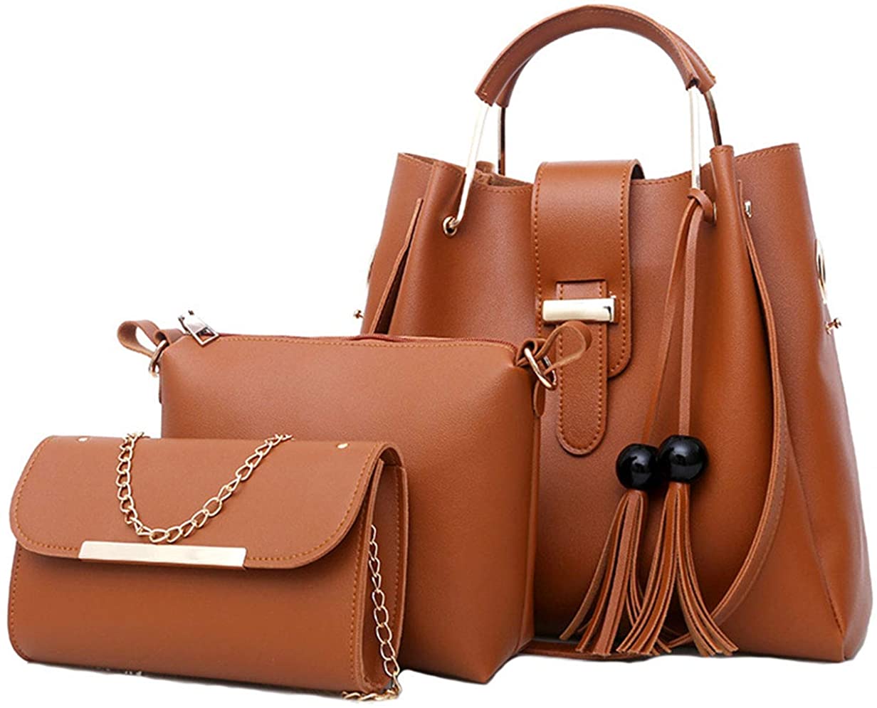 Price:$35.99 Sister Amy for Women Shoulder Bags Drawstring Bucket Bags 3pcs Purse Set Brown  Handbags   