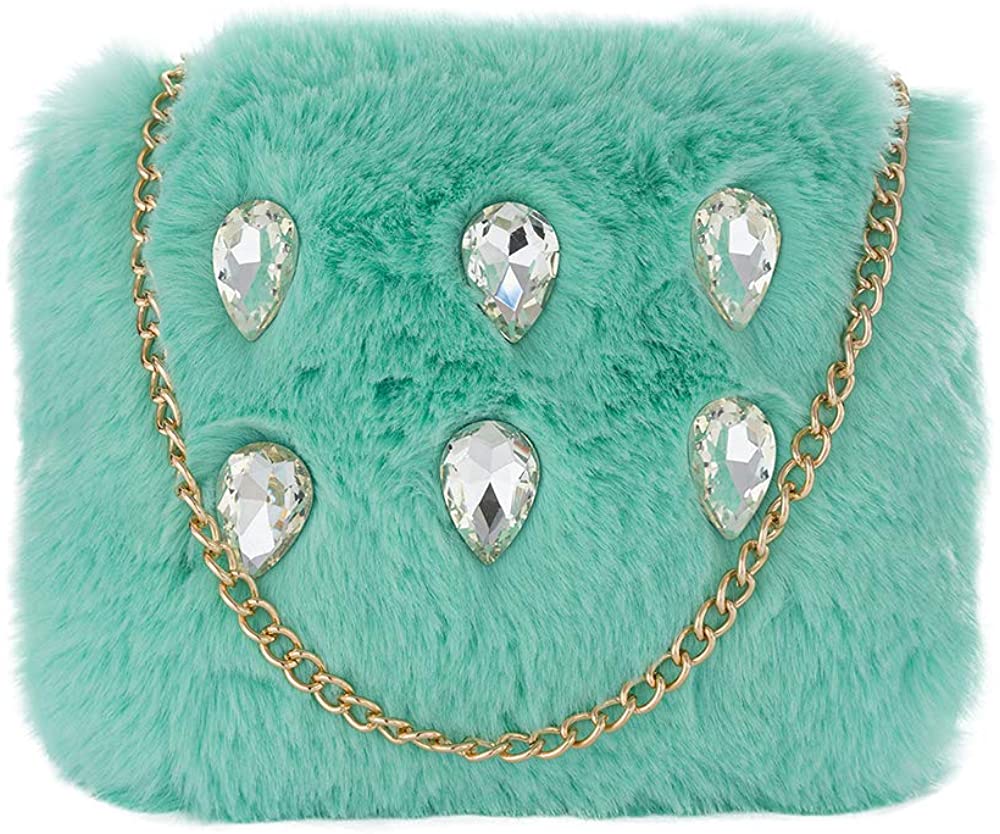Price:$8.99 Women Faux Fur Furry Handbags Diamond Crossbody shoulder handbag Evening Clutch with Chain Strap  Handbags   
