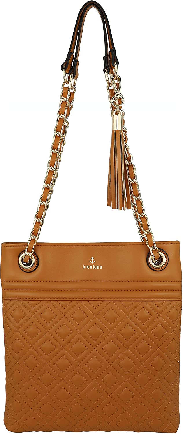Price:$12.95 B BRENTANO Vegan PU Leather Quilted Shoulder Bag with Chain Strap & Tassel Accent (Tan)  Handbags   