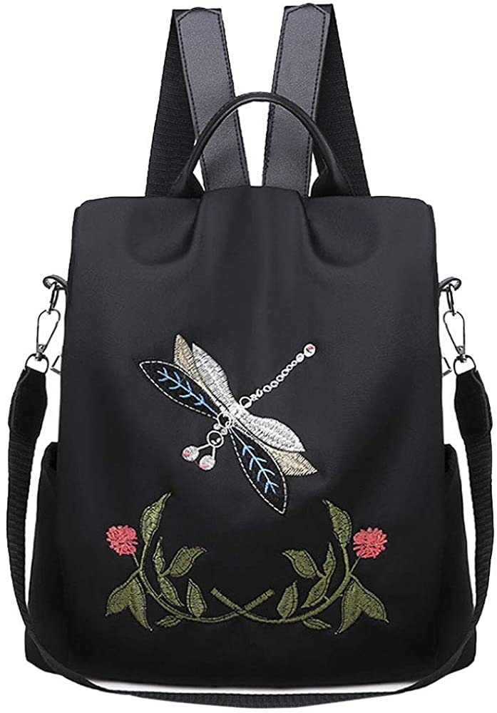 Price:$26.86    Monique Women Small Dragonfly Flowers Embroidery Oxford Backpack Anti-theft Back Zipper Closure Daypack Schoolbag Convertible Shoulder Bag Black  Clothing