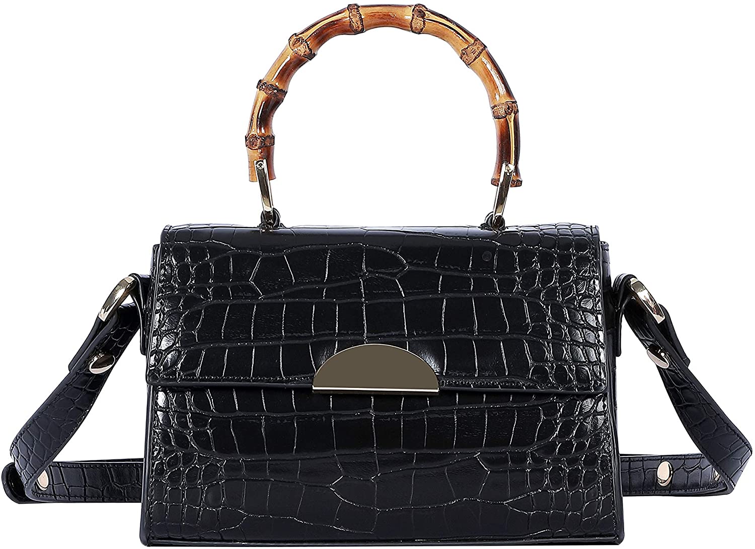 Price:$13.42 Crocodile Flap Lady Bag Women Crossbody Hand Bag bamboo Handle Shoulder Messenger Bag (Black)  Handbags   