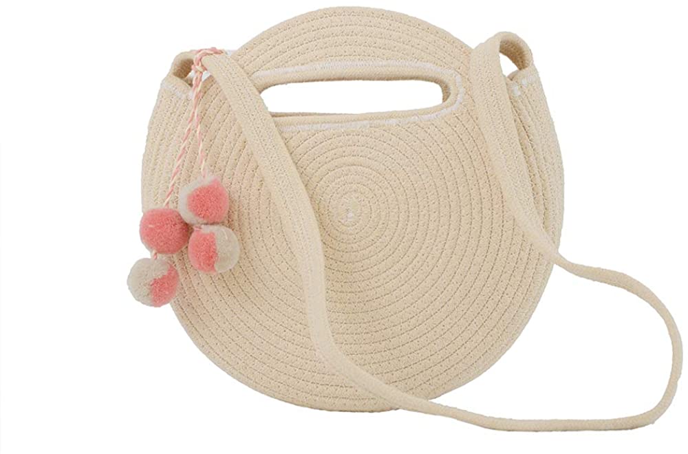 Price:$28.99 BEHIGHERQD Round Straw Bag Woven Bag Beach Cotton Casual Shoulder Bag for Holiday Travel or Date (Beige)  Handbags   