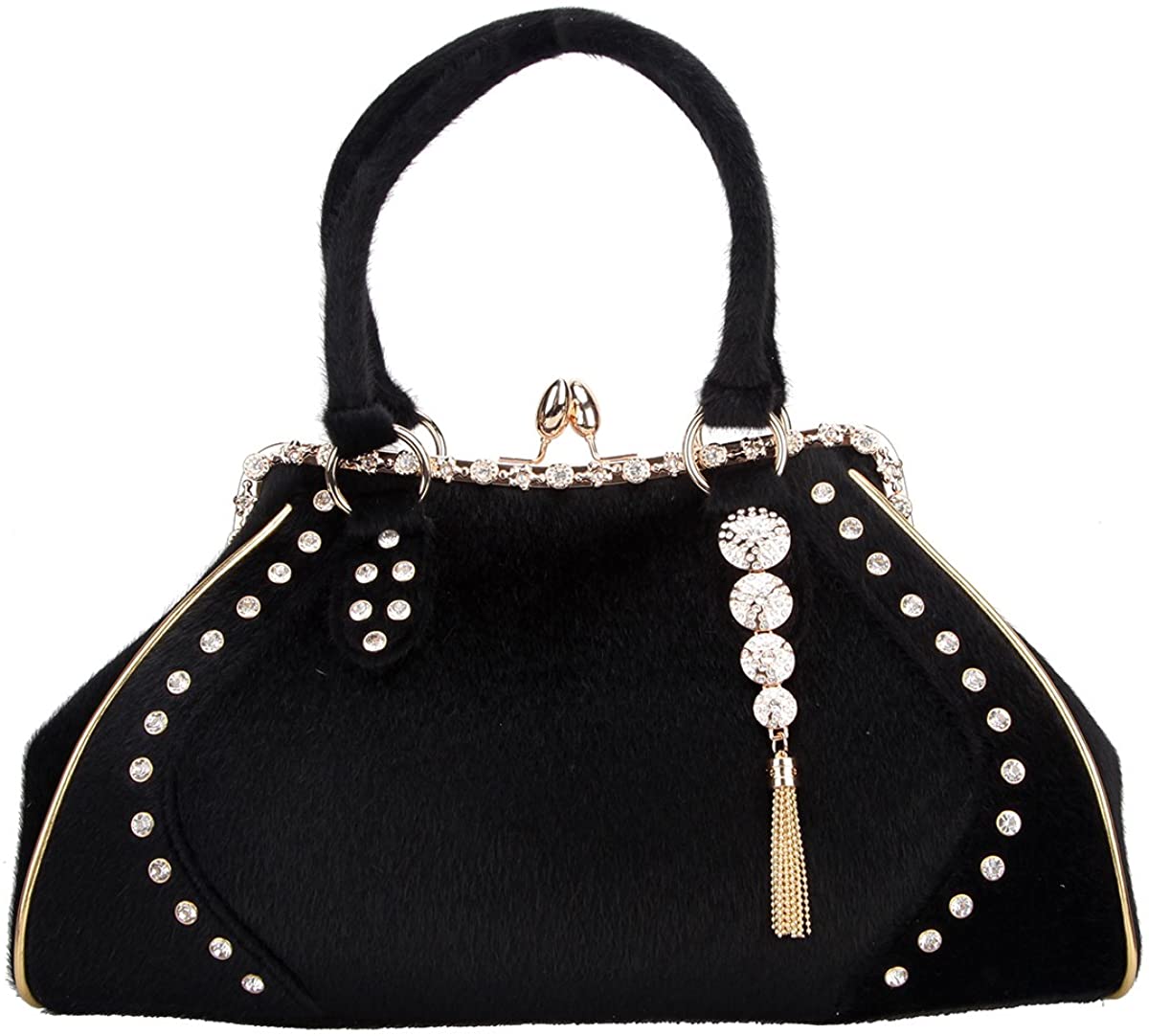 Price:$59.36 Fawziya Crystal Tassel Kiss Lock Fur Bags For Women Shoulder Bags Women Vintage-Brown  Handbags   