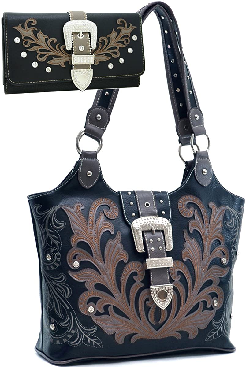 Price:$37.99 Western Rhinestone Buckle Embroidered Purse Handbag With Bonus Wallet - Black  Handbags   