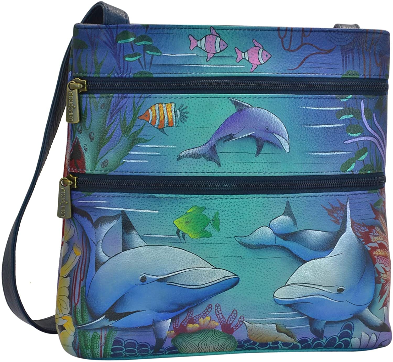 Price:$147.95    Anuschka Women's Genuine Leather Shoulder Bag - Hand Painted Original Artwork - Compact Crossbody Travel Organizer - Dolphin World  Clothing