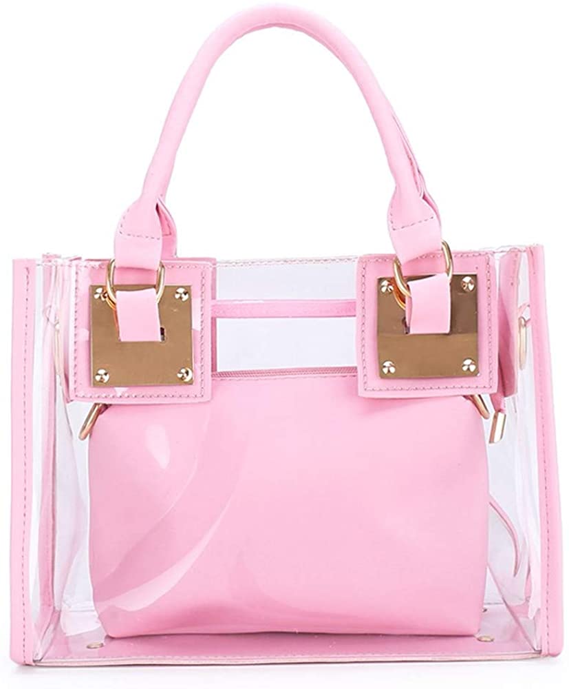 Price:$17.99 Women Transparent Shoulder Crossbody Bag, 2 in 1 Designer Fashion Handbag Tote Purse Waterproof Summer Beach Bag Satchel, Pink  Handbags   