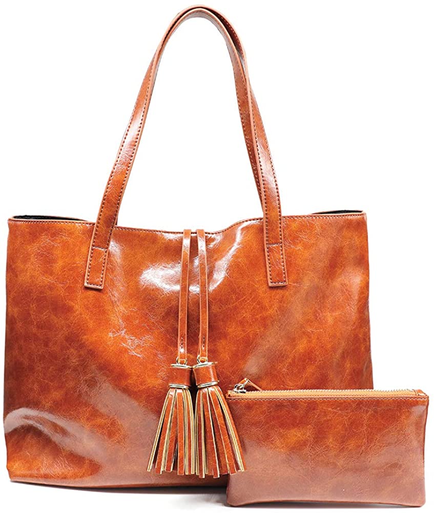 Price:$0.00    HYRISON Women's Leather Handbags Shoulder Tote Top Handles Bag comes with a Zip Purse (Shiny Brown)  Clothing
