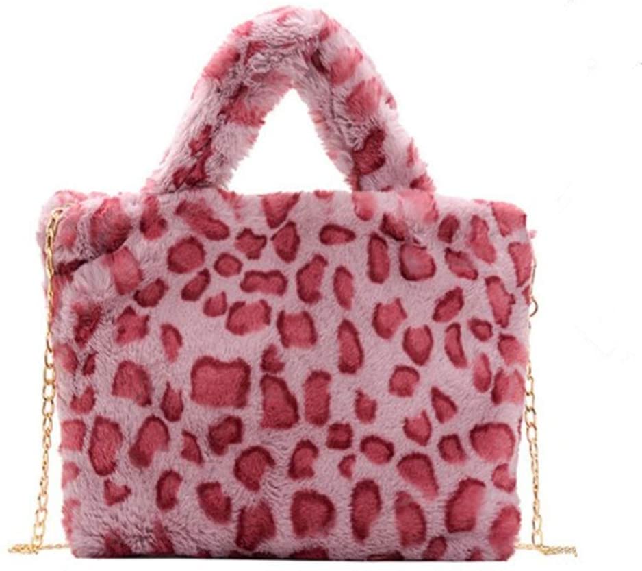 Price:$15.99    Women Leopard Print Clutch Handbag Plush Faux Fur Tote Bag Gold Metal Chain Shoulder Crossbody Purse(Rose Red)  Clothing