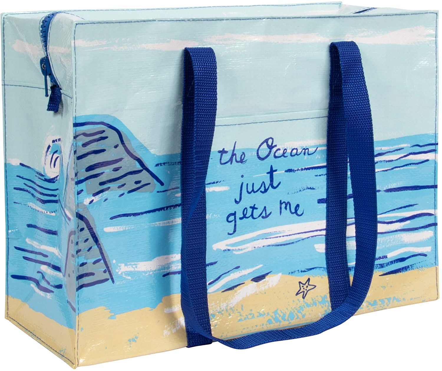 Price:$21.99    Blue Q Shoulder Tote, The Ocean Just Gets Me. This carry-everywhere bag features a hefty zipper, exterior pocket, wrap-around straps, reinforced floor, 95% recycled material, 11"h x 15"w x 6.25"d  Clothing