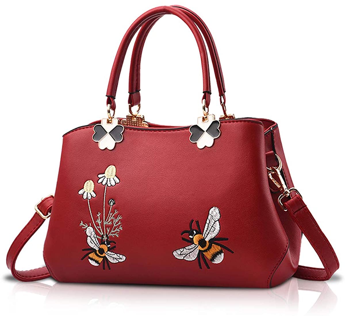 Price:$32.99    NICOLE&DORIS Women Top Handle Handbags Retro Crossbody Bag Ladies Fashion Shoulder Bag Purse Tote Embroidery Wine Red Bee 2  Clothing