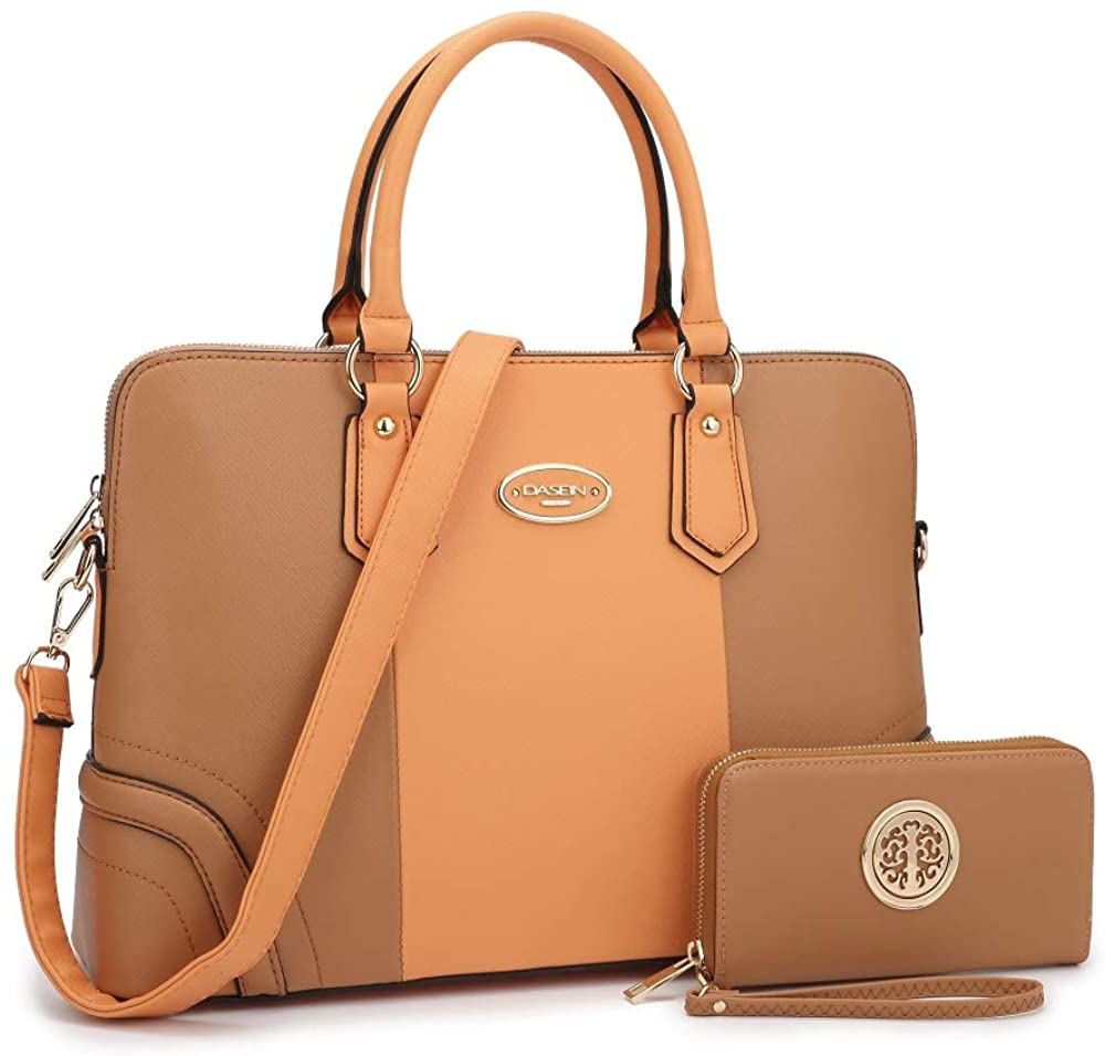 Price:$28.99    Dasein Satchel Handbag for Women Purse Shoulder Bag Two Tone Work Tote (2597 orange and brown + wallet)  Clothing