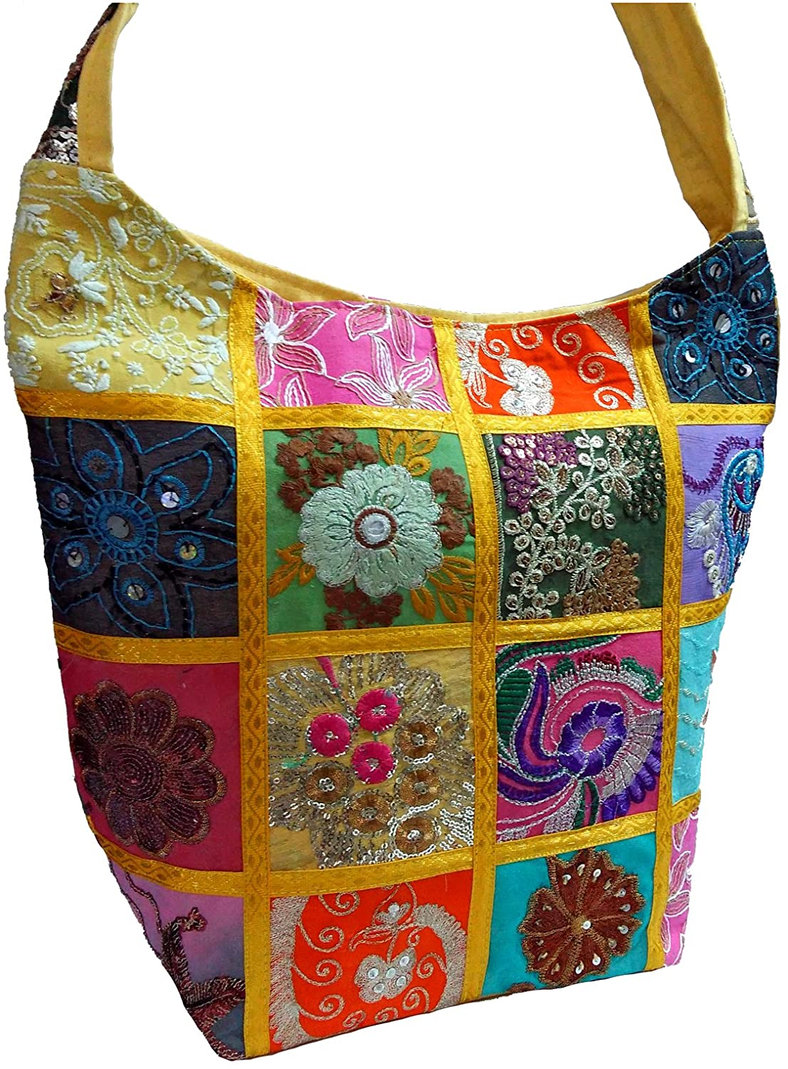 Price:$15.97    Embroidered Sequin Patchwork Indian Sari Throw Decorative Sling Cross body Shoulder Bag, Boho Hobo Vintage Bag,"Traditional Looks" (Yellow)  Clothing