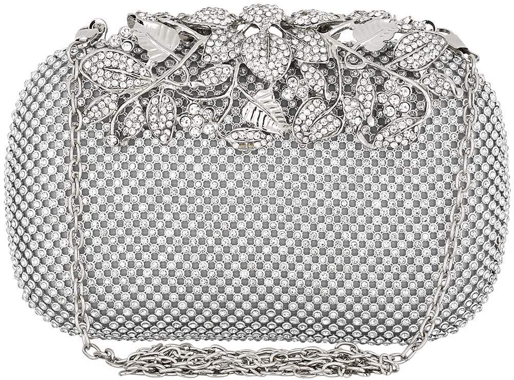 Price:$39.99 AIJUN Women Evening Bag Flower Crystal Clutch Bags Wedding Purse Rhinestones Weeding Handbag with Chain Shoulder (Luxury Silver)  Handbags   