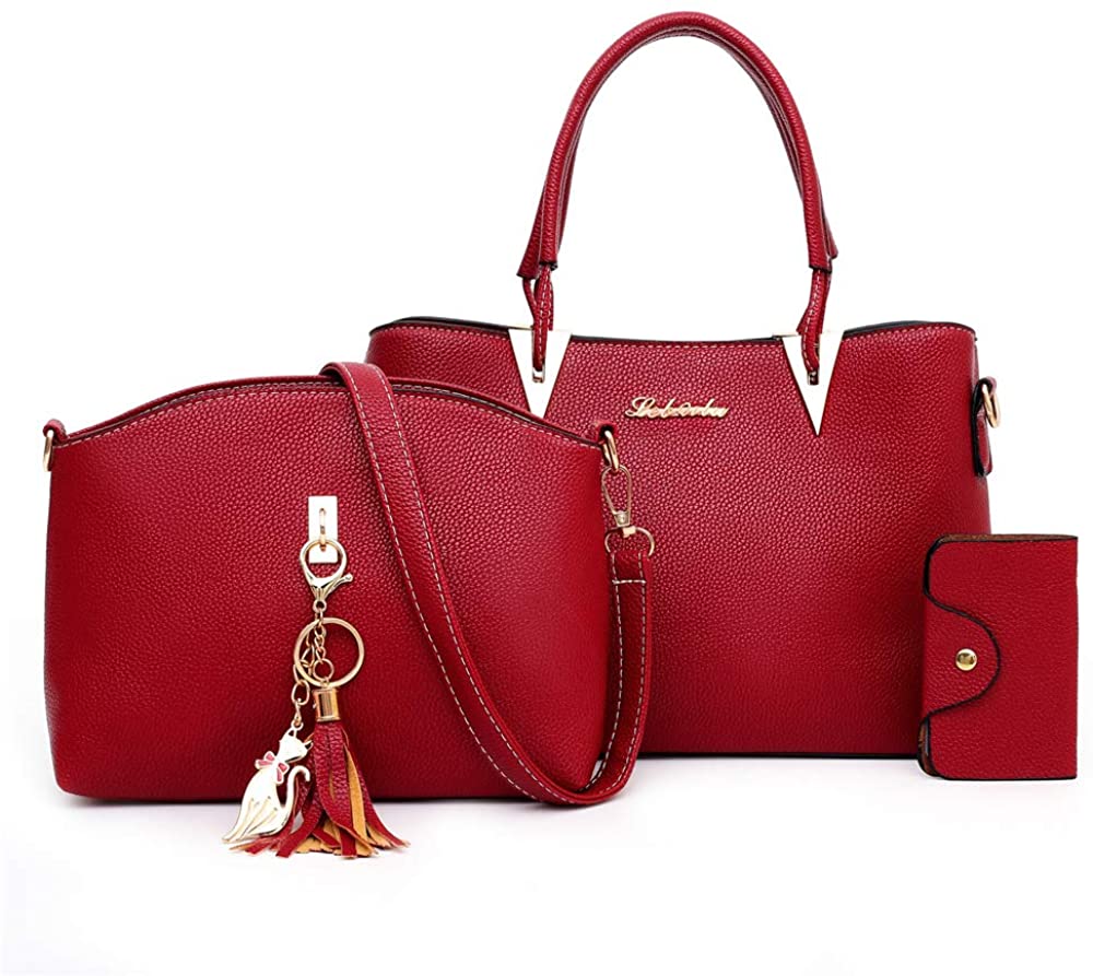 Price:$31.99    Women Purses and Handbags Set Leather Top Handle Satchel Tote Shoulder Bag 3pcs (Red-1)  Clothing