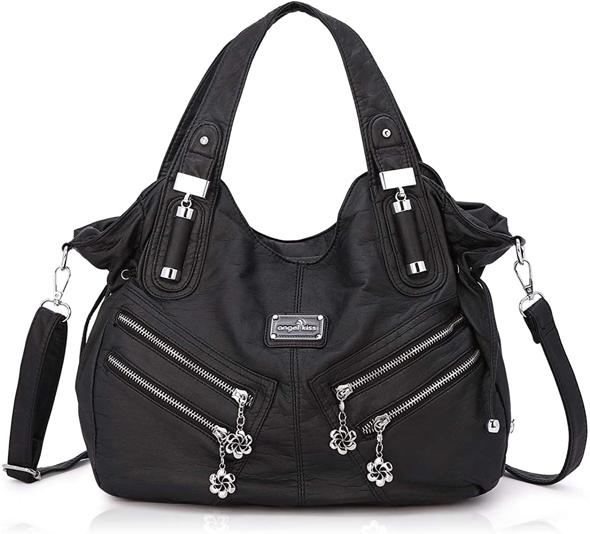 Price:$39.99    Women Handbags Shoulder Bags Washed Leather Satchel Tote Bag Mutipocket Purse (AK1135#6802#10BLACK)  Clothing