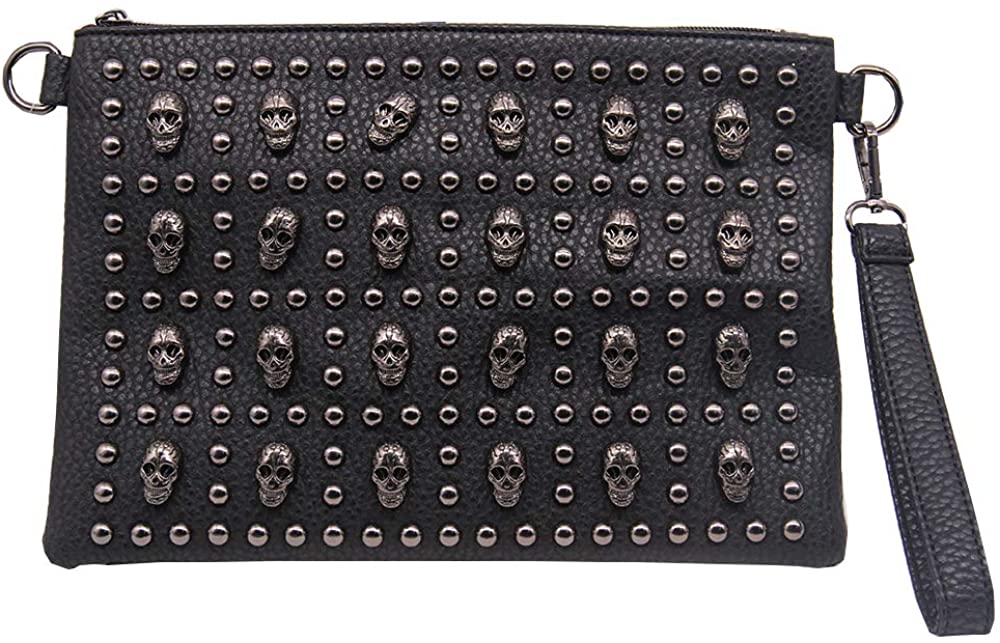 Price:$13.49 Women Rivets Skull Clutch Purses small Shoulder Bag Party Wristlet Handbag Bag Evening Long Purse  Handbags   