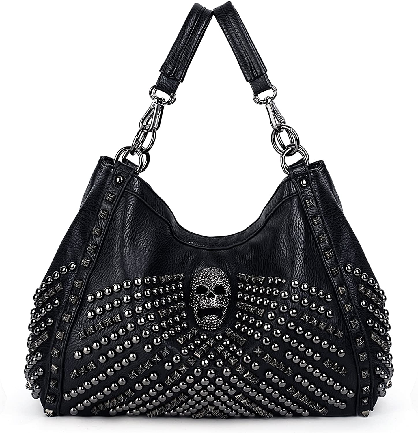 Price:$46.99    UTO Women Skull Tote Bag Large Capacity Rivet Studded Handbag Smooth PU Leather Purse Shoulder Bags 467 with Wallet Strap  Clothing