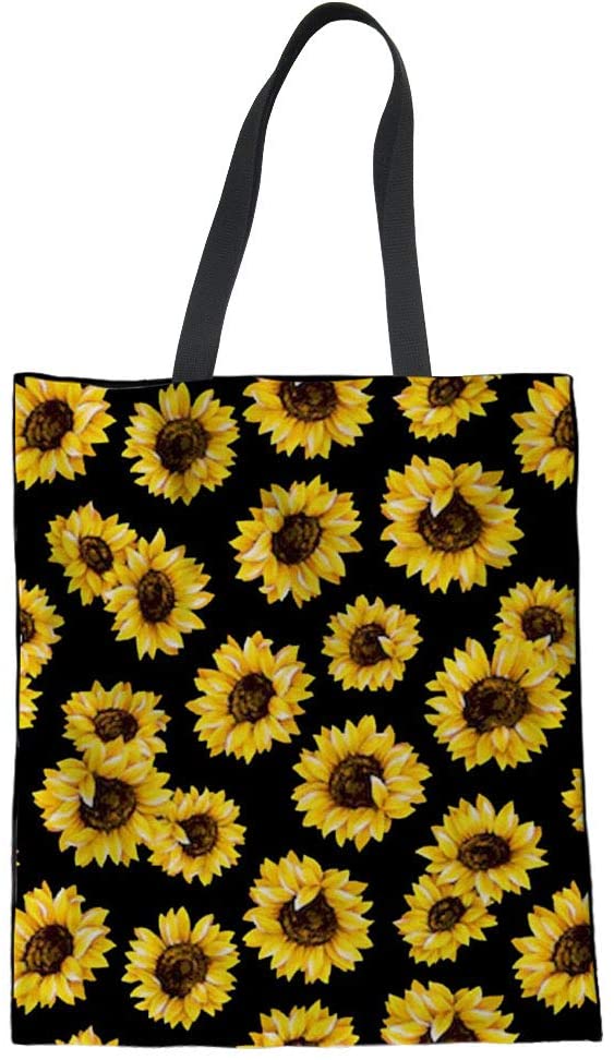 Price:$8.99    Belidome Sunflower Blooming Pattern Black Cotton Canvas Tote Holder for Women Durable Handbag Shoulder Bag  Clothing