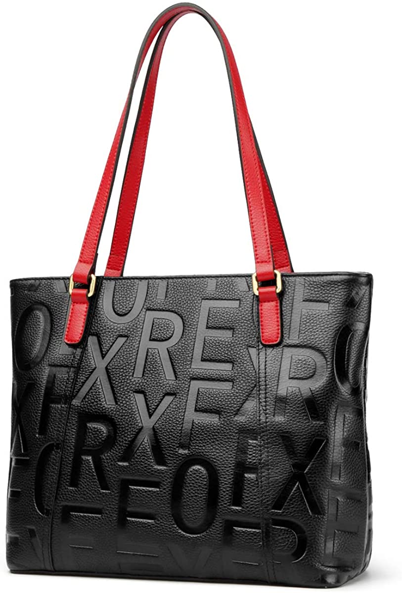 Price:$79.99    Leather Totes for Women, Genuine Leather Alphabet Signature Pattern Ladies Fashion Top-handle Bags Womens Real Leather Purses and Handbags Women's Casual Shoulder Shopper Girls Large Carryall (Black)  Clothing