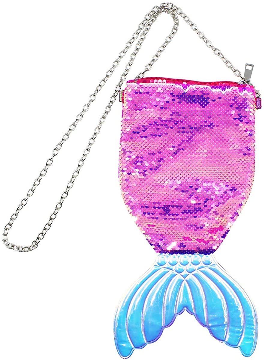 Price:$6.00 Glitter Sequin Mermaid Tail Crossbody Bag Hologram Coin Purse Wallet Shoulder Handbag with Metal Chain for Women Girls  Handbags   