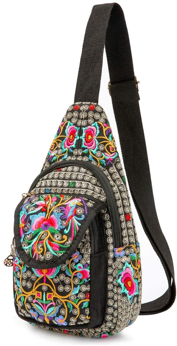 Price:$19.98    Silkarea Embroidered Canvas Sling Backpack for Women Travel Chest Bag Crossbody Backpack Purse Shoulder Bag  Clothing