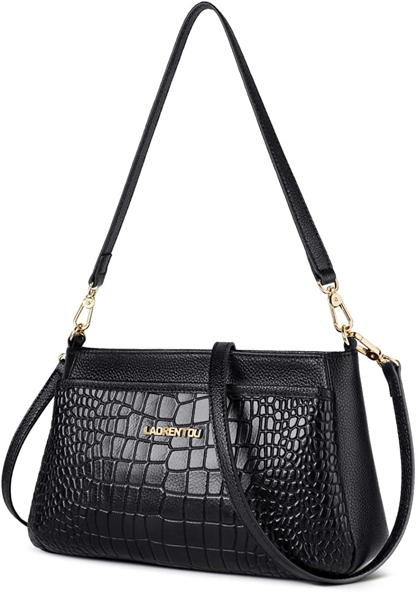 Price:$58.69    LAORENTOU Women‘s Cowhide Leather Shoulder Bags for Women Crocodile Crossbody Bags Designer Purses and Handbags Black (Black)  Clothing