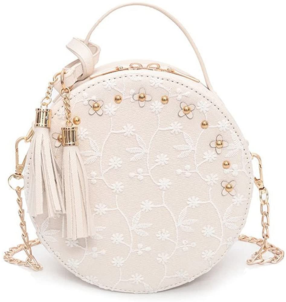 Price:$13.99    Lace Round Handbag, longmiao PU Leather Women Crossbody Bags Female Small Beige Fresh Flower Chain Shoulder Bag  Clothing