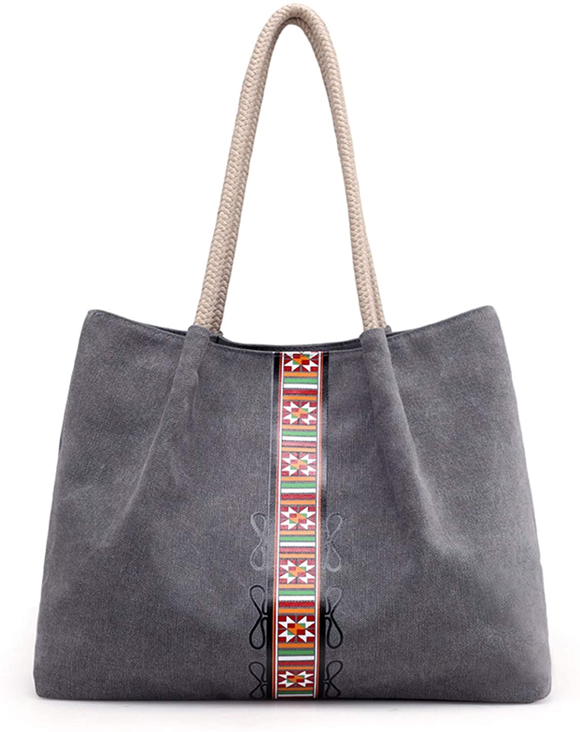 Price:$11.50    Women Canvas Shoulder Bag Vintage Boho Printing Ethnic Handbag Totes Travel Beach Bag (Style 3-Grey)  Clothing