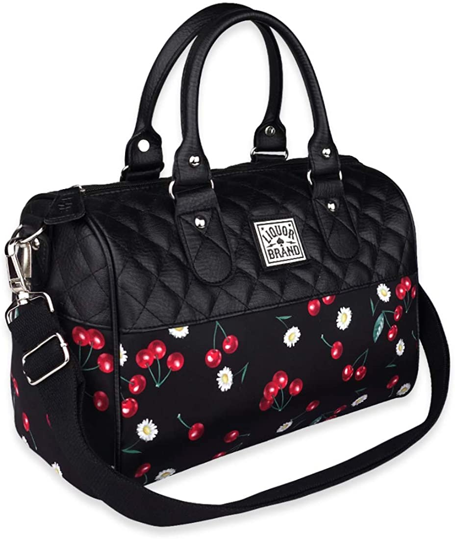Price:$62.95 Liquorbrand Daisy Cherry Black Women's Bowler Bag Purse Quilted Faux Leather Handbag With Adjustable Shoulder Strap, 12"x8"x6"  Handbags   