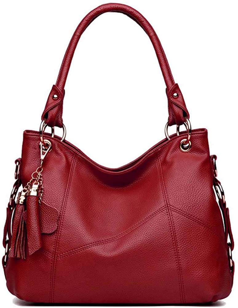 Price:$33.99    Genuine Leather Top Handle Satchel Handbag Tote Tassel Shoulder Bag Purse Crossbody Bag for Women (Wine red)  Clothing