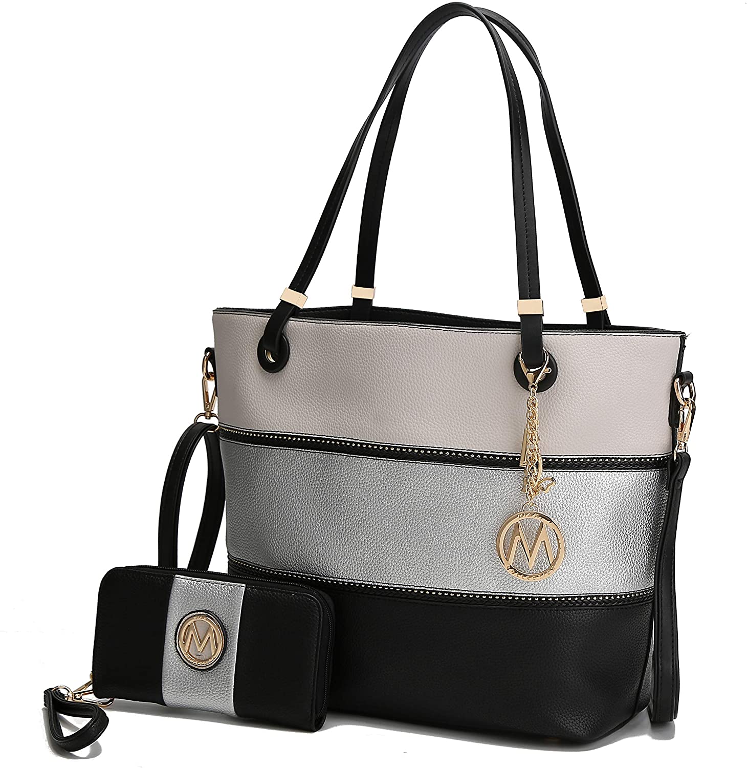 Price:$41.99    Mia K Collection Tote Satchel Handbag for Women, Wristlet Wallet Set – PU Leather Bag – Top Handle Shoulder Purse Ivory-Silver  Clothing