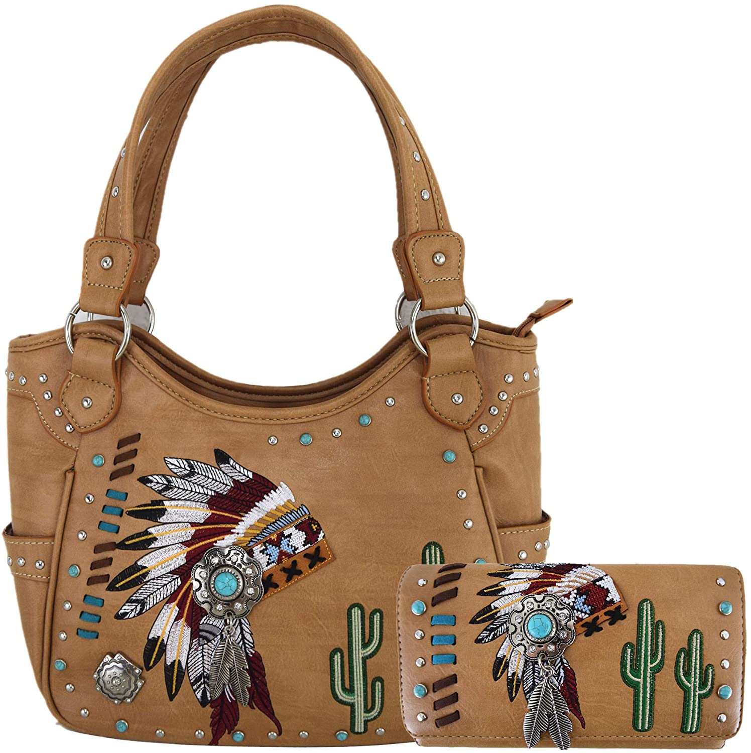 Price:$59.95    Native American Chieftain Cactus Feather Concealed Carry Purse Tote Handbag Women Shoulder Bag Wallet Set (Tan Set)  Clothing