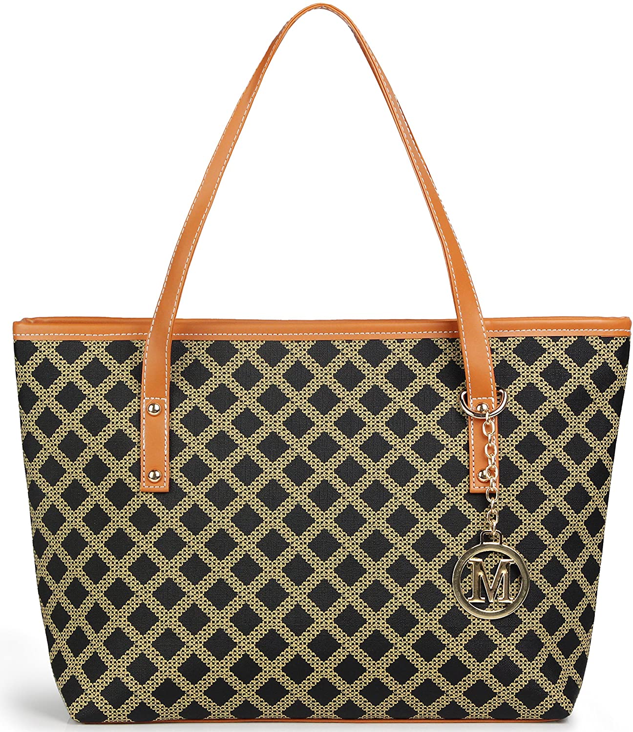 Price:$21.90    Micom Casual Signature Printing Pu Leather Tote Shoulder Handbag with Metal Decoration for Women (Black Grid)  Clothing
