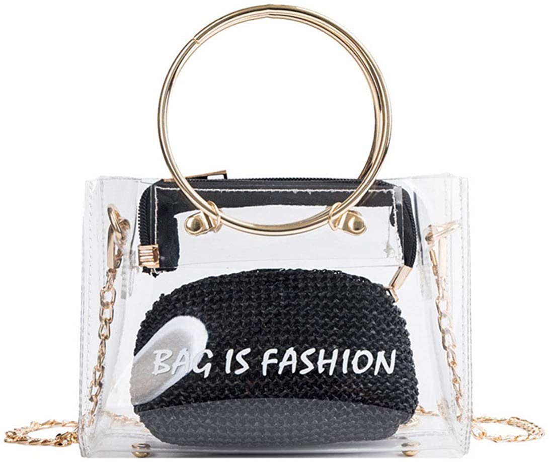 Price:$26.99 HIKEL PVC Clear Jelly Bag Straw Shoulder Bag for Womens Beach Travel Woven Bag, Crossbody Ring Handbag Chain Lady Small Bags (Black)  Handbags   