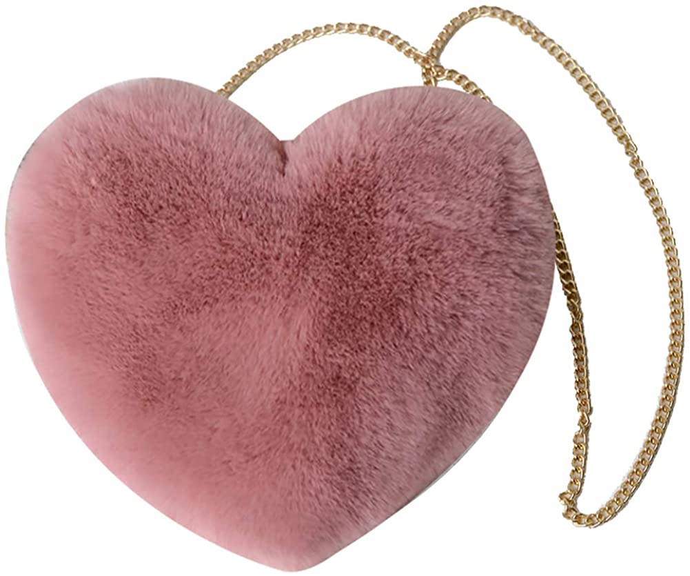 Price:$22.99 QZUnique Women's Heart Shaped Faux Fur Crossbody Bag Plush Wallet Purse Chain Shoulder Bag Pink  Handbags   