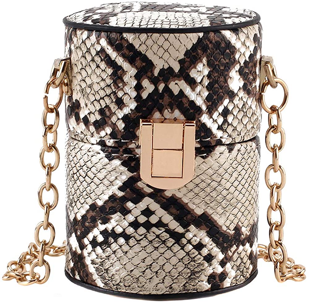 Price:$19.99 Heidi Women Fashion Snakeskin Print Chain Shoulder Bag Cylindrical Bucket Bag Coin Purse  Handbags   